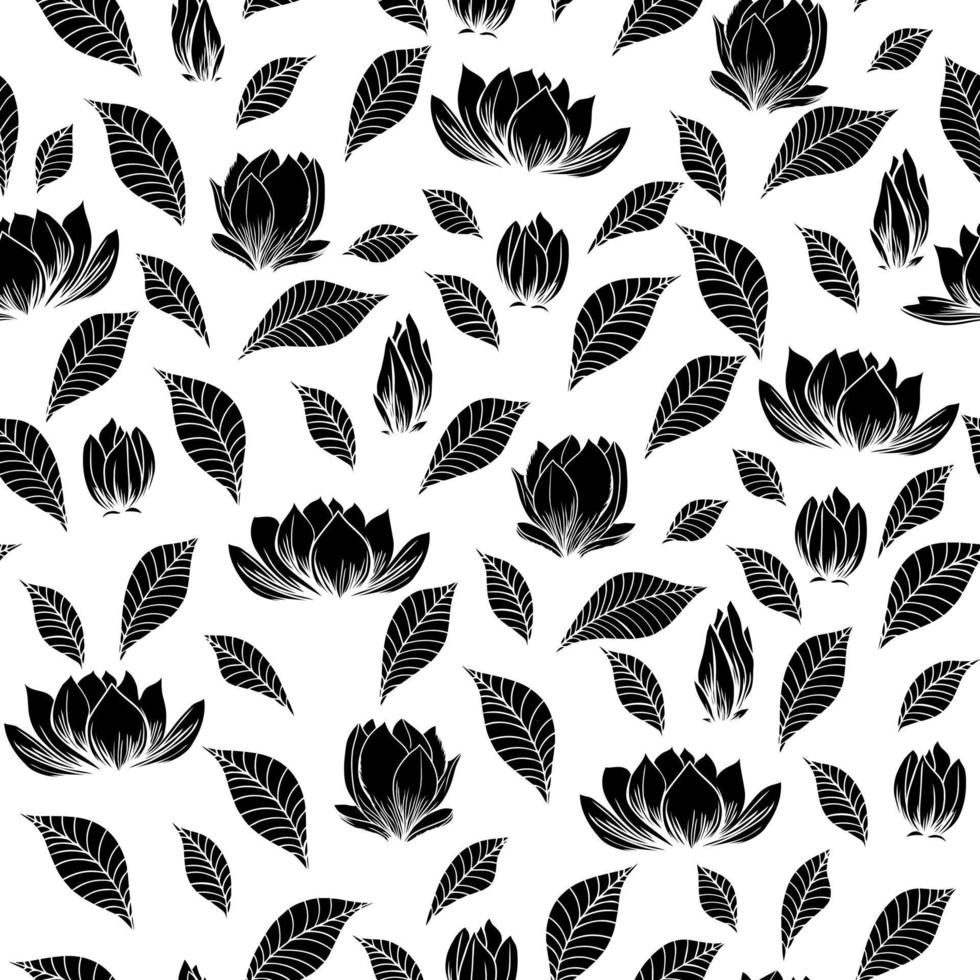 naadloos patroon met magnolia bloemen en bladeren. zwart en wit vector