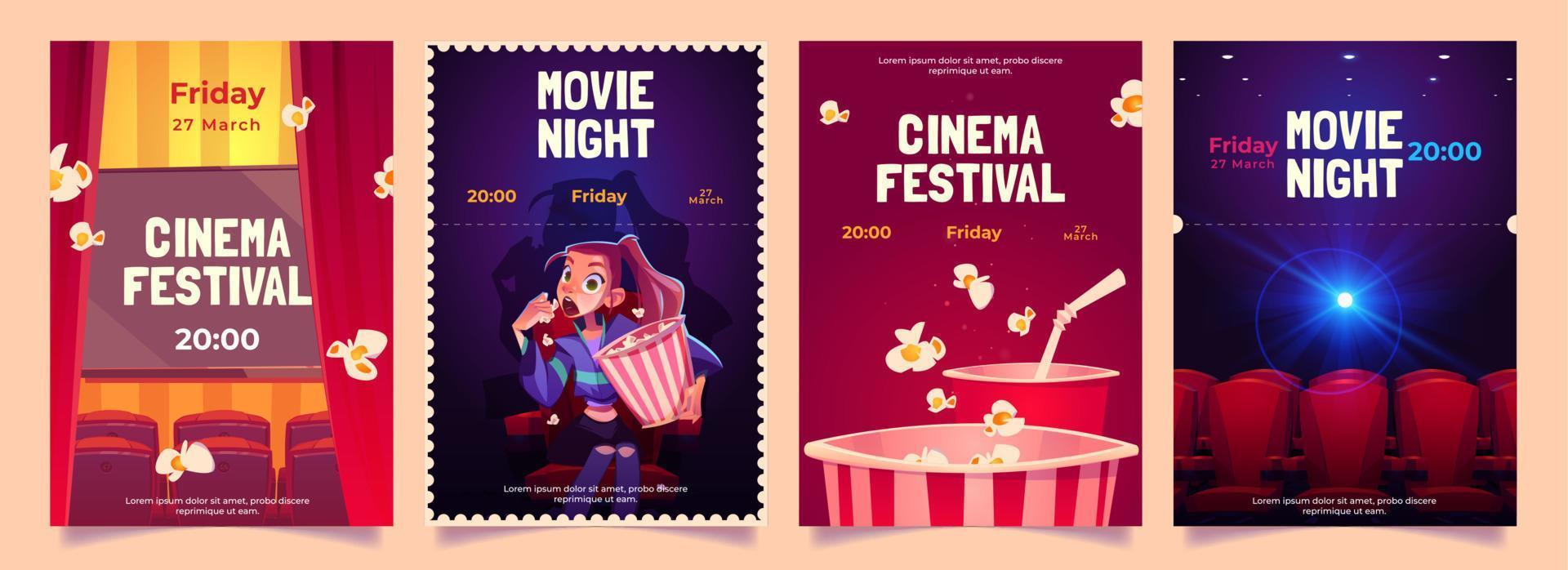 bioscoop festival, film nacht tekenfilm flyers reeks vector