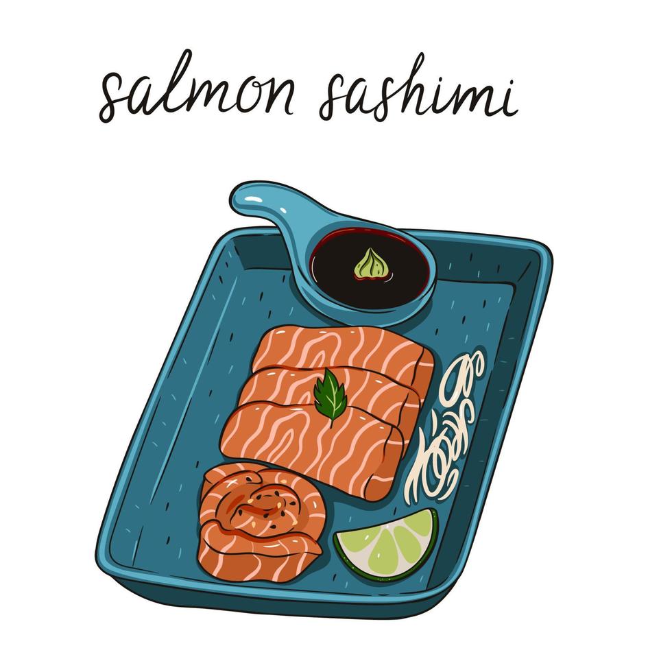 bord met Zalm sashimi isoleren Aan wit achtergrond. vector grafiek.