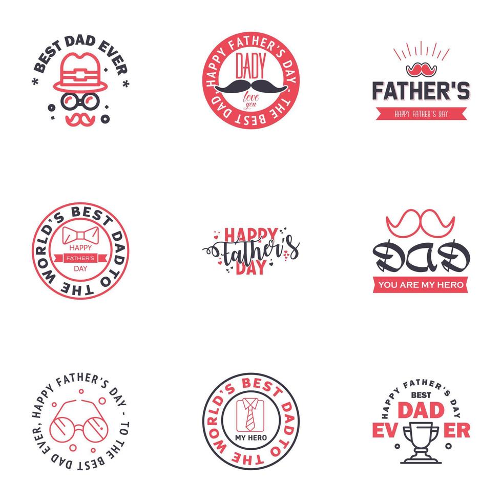 gelukkig vaders dag groet hand- belettering badges 9 zwart en roze typfout geïsoleerd Aan wit typografie ontwerp sjabloon voor poster banier geschenk kaart t overhemd afdrukken etiket sticker retro wijnoogst stijl vector