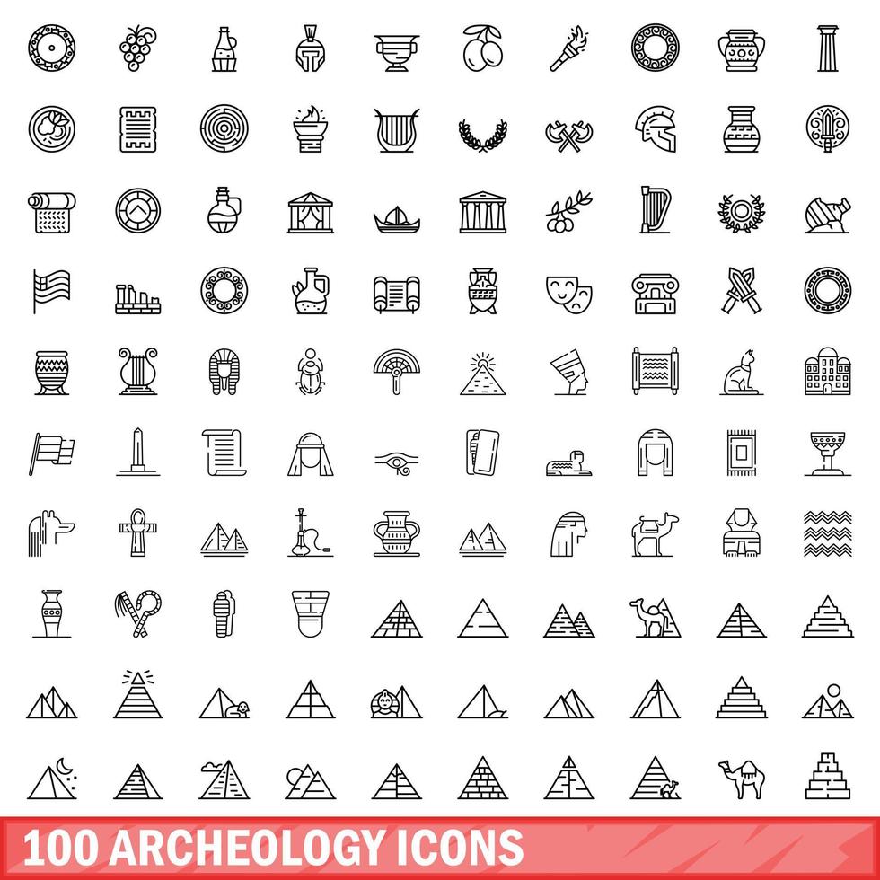 100 archeologie iconen set, Kaderstijl vector