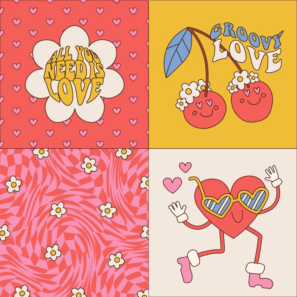 hippie retro wijnoogst Valentijnsdag dag banners reeks in jaren 70-80 stijl. hand- getrokken vector illustratie van groovy hart en kers karakters, typografie ontwerp en vervormd patroon.