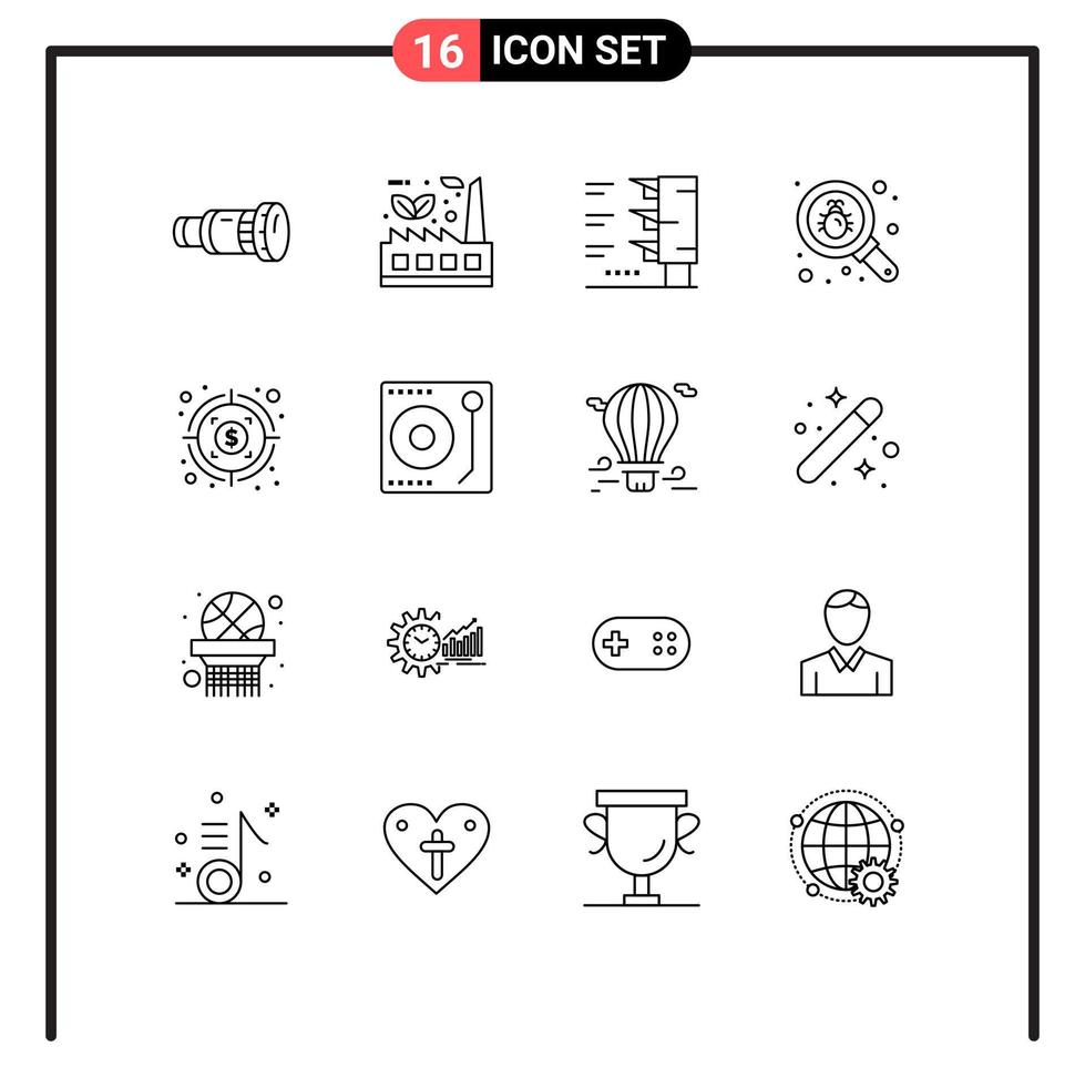 schets pak van 16 universeel symbolen van geld zoeken fabriek vind reizen bewerkbare vector ontwerp elementen