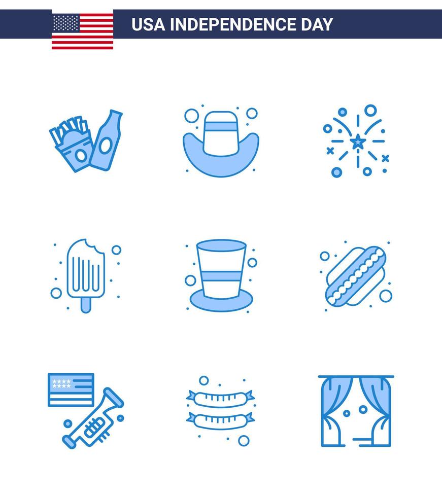 gelukkig onafhankelijkheid dag Verenigde Staten van Amerika pak van 9 creatief blues van magie hoed pet Amerikaans Amerikaans voedsel bewerkbare Verenigde Staten van Amerika dag vector ontwerp elementen