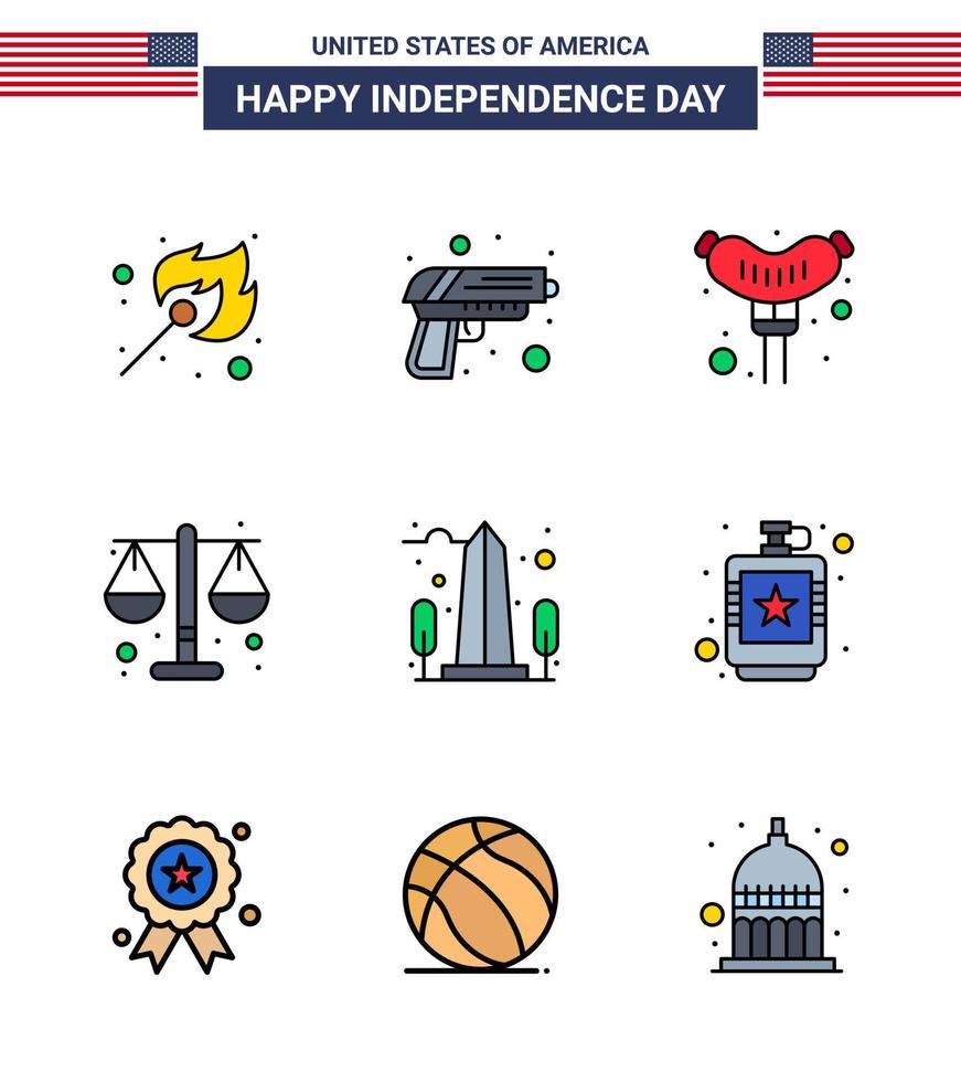 Verenigde Staten van Amerika gelukkig onafhankelijkheid dagpictogram reeks van 9 gemakkelijk vlak gevulde lijnen van zicht mijlpaal voedsel schaal gerechtigheid bewerkbare Verenigde Staten van Amerika dag vector ontwerp elementen
