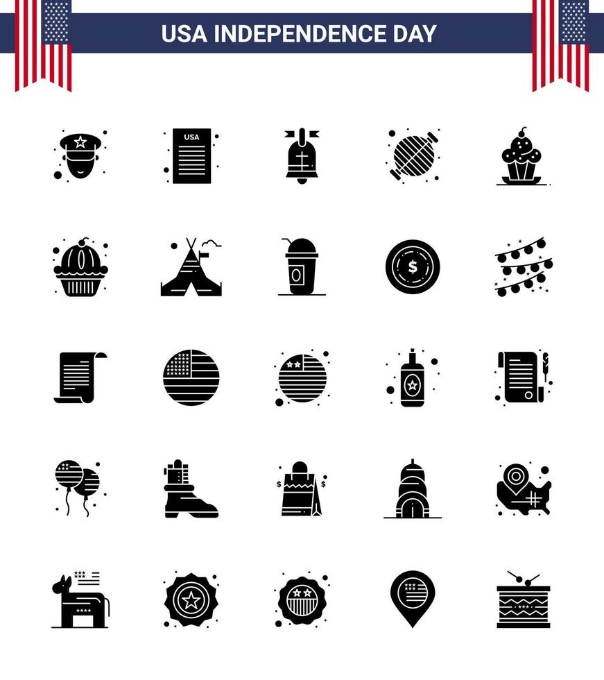 25 solide glyph tekens voor Verenigde Staten van Amerika onafhankelijkheid dag muffin taart Amerikaans partij bbq bewerkbare Verenigde Staten van Amerika dag vector ontwerp elementen