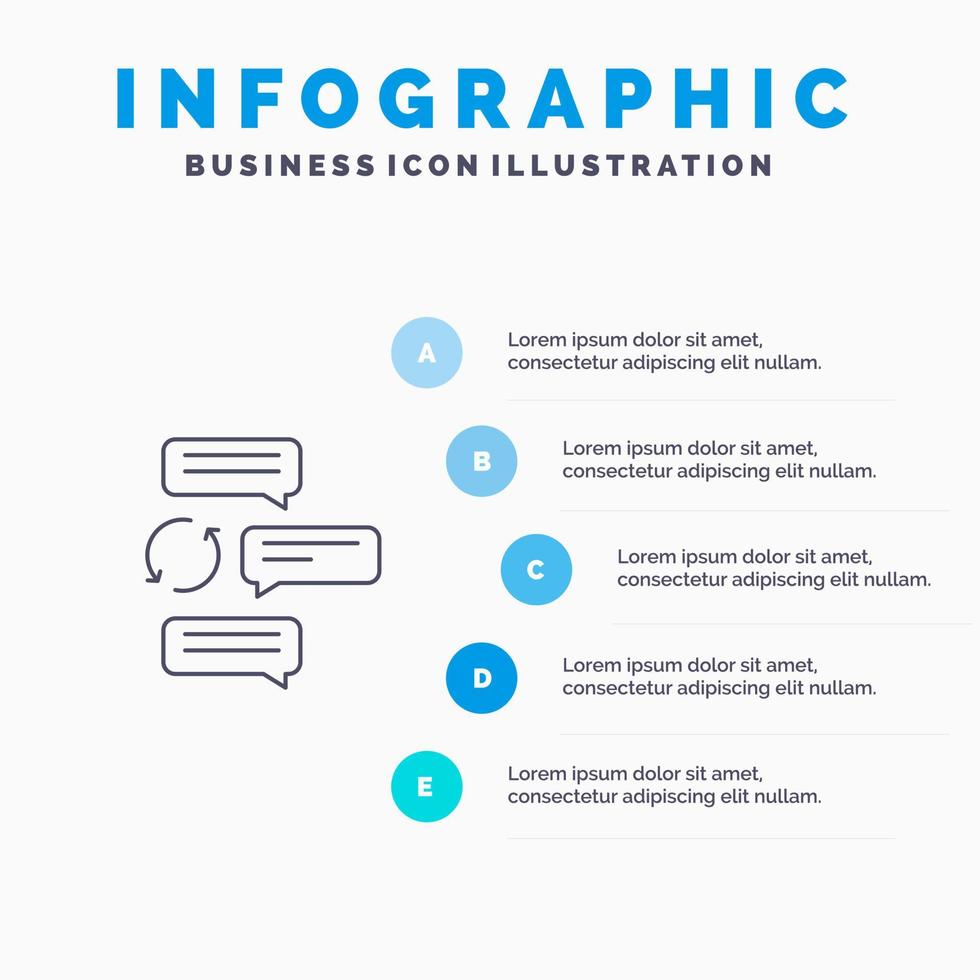 babbelen chatten gesprek dialoog auto robot lijn icoon met 5 stappen presentatie infographics achtergrond vector