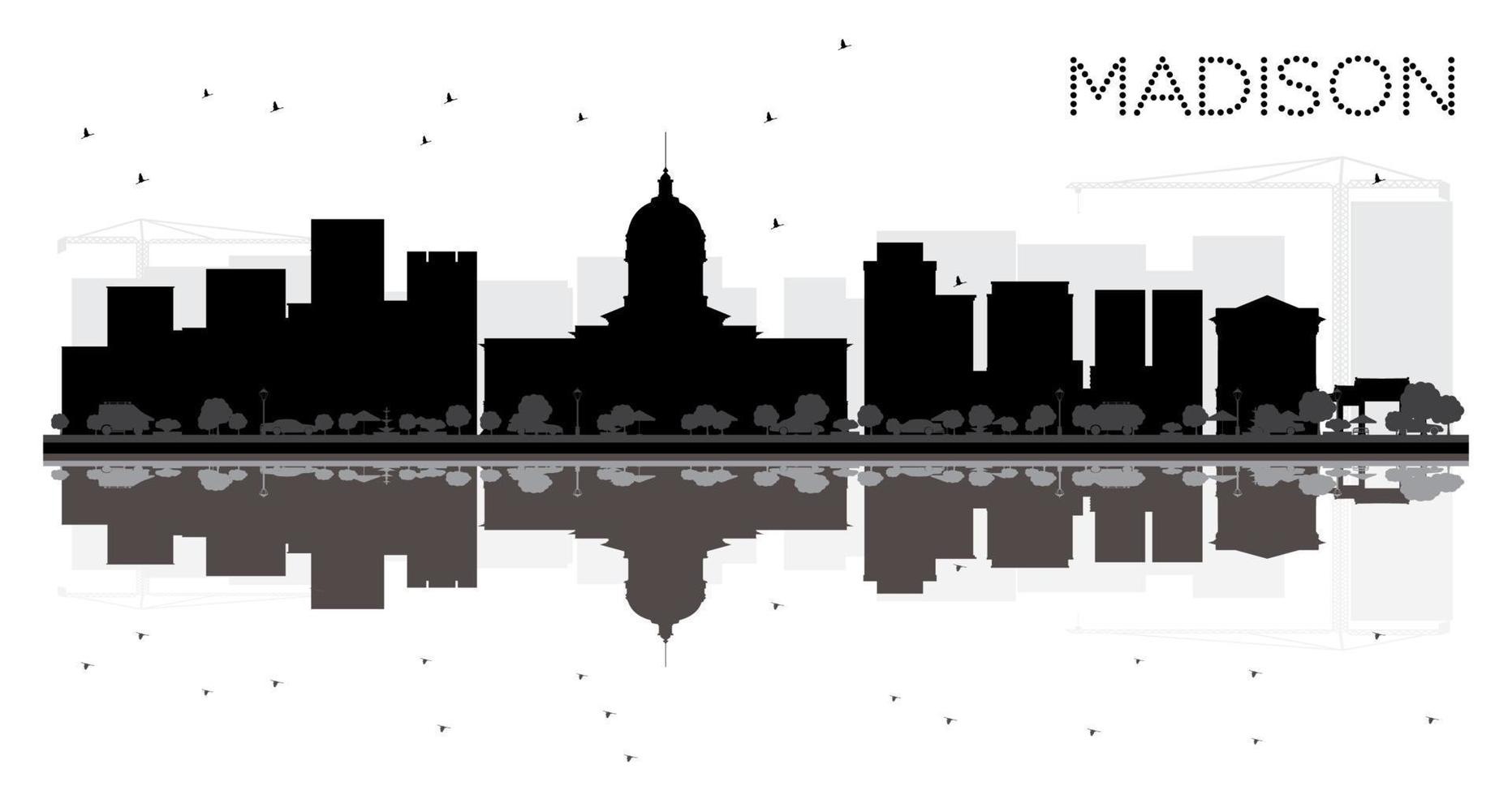 Madison stad horizon zwart en wit silhouet met reflecties. vector