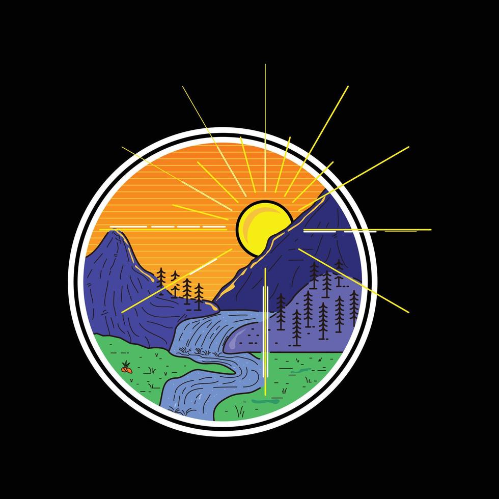 illustratie zonsopkomst in de bergen logo ontwerp lijn kunst vector