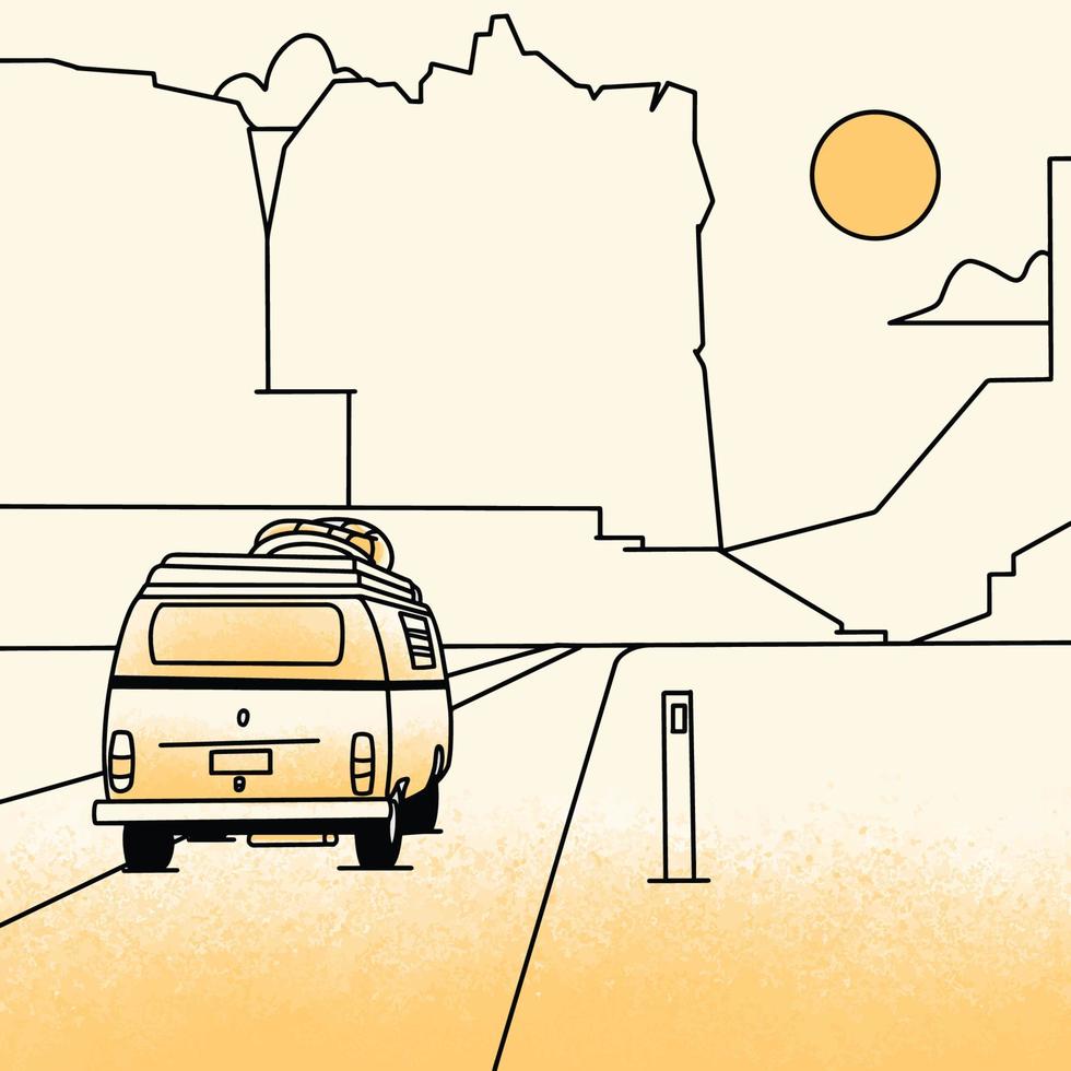 illustratie van een minibus op reis in de woestijn vector