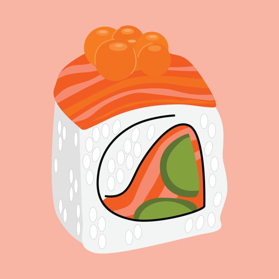 Zalm sushi rollen met komkommer versierd met kaviaar. Aziatisch voedsel. vector illustratie met helder kleurrijk tussendoortje.