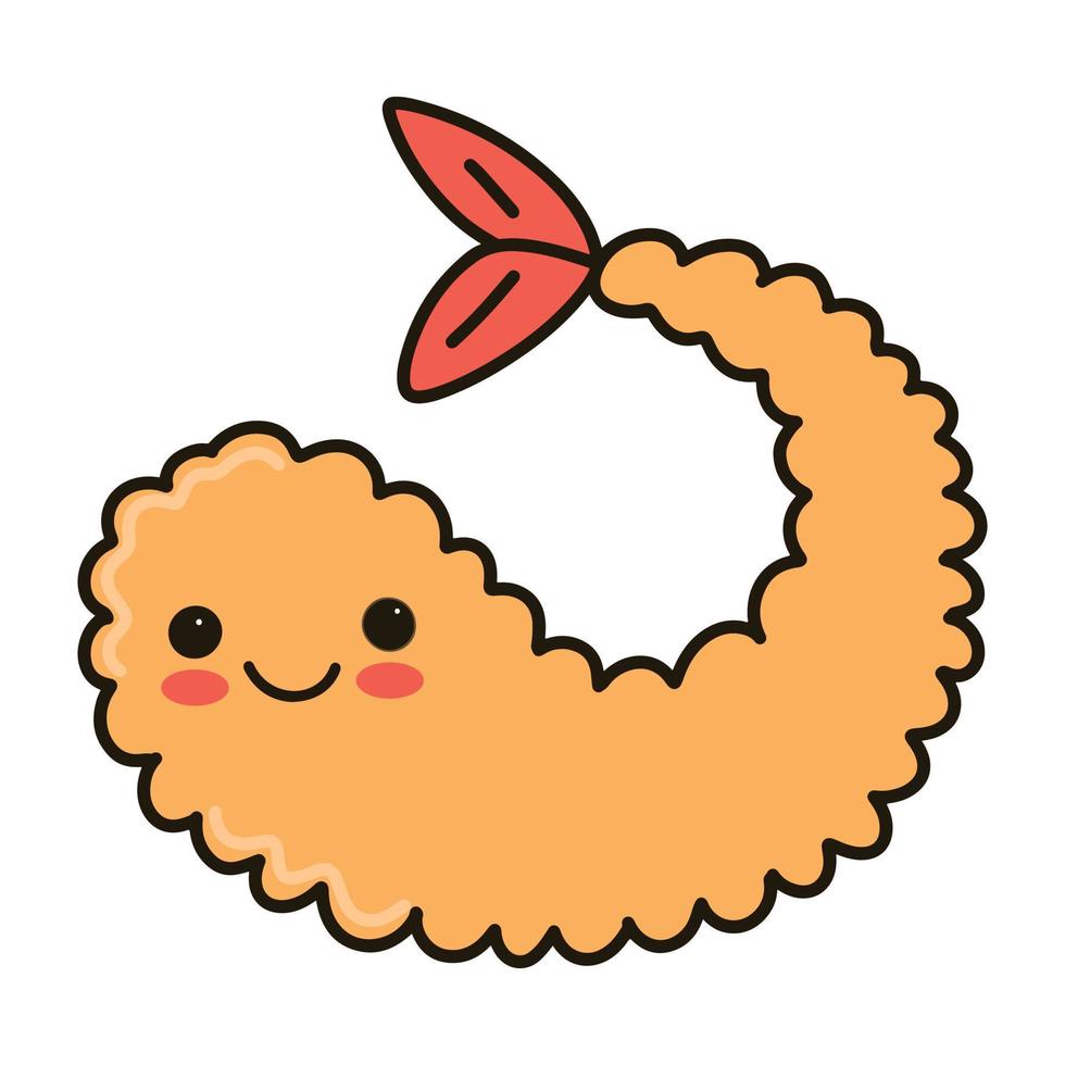 tempura garnaal schattig kawaii karakter vector illustratie. traditioneel Aziatisch voedsel gerecht. buitenlijn, contour tekening