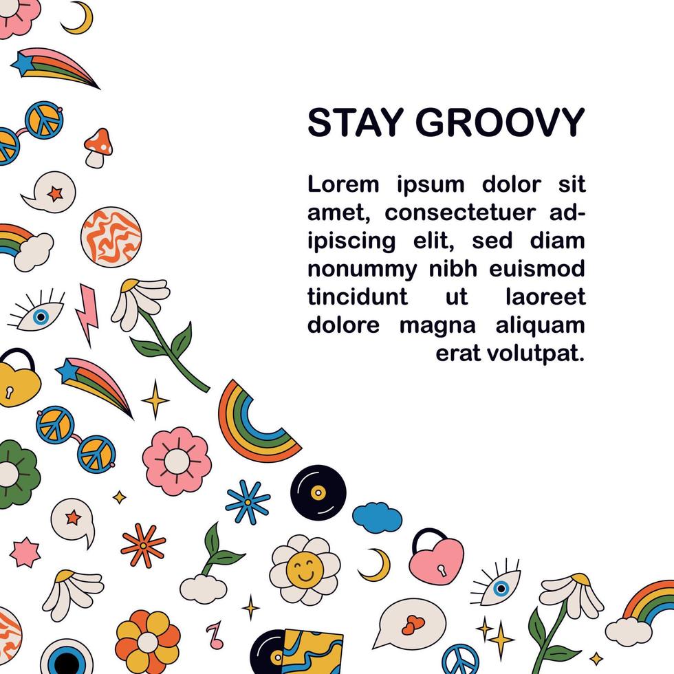 groovy web poster met reeks van hippie elementen. wijnoogst hippie kleuren 1970. vector