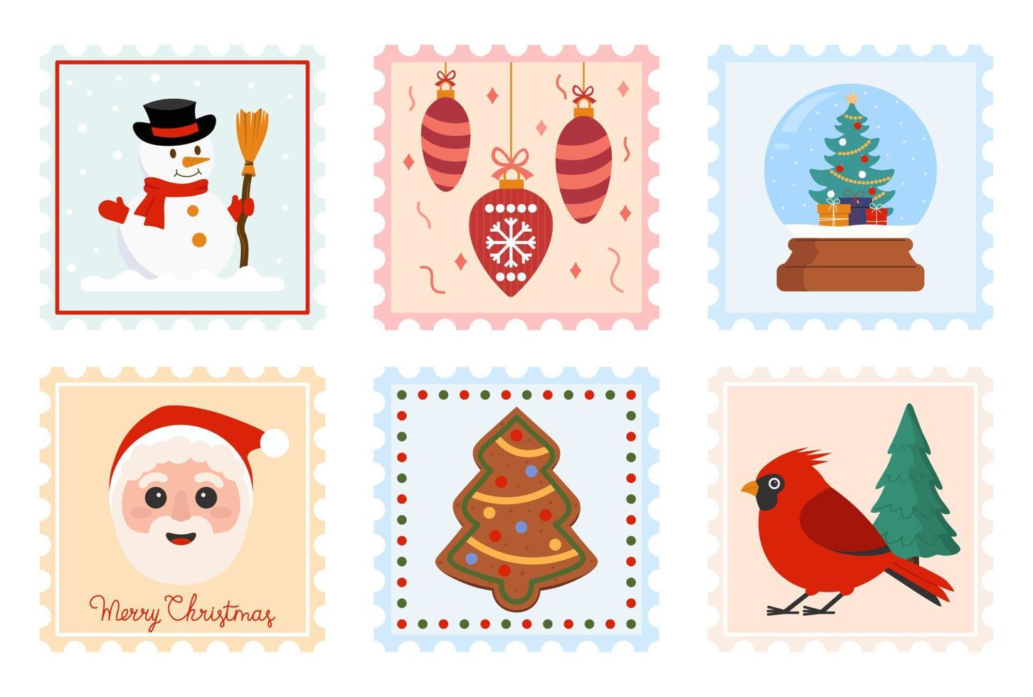 reeks van Kerstmis port postzegels voor mail of decoratie vector illustratie in vlak stijl