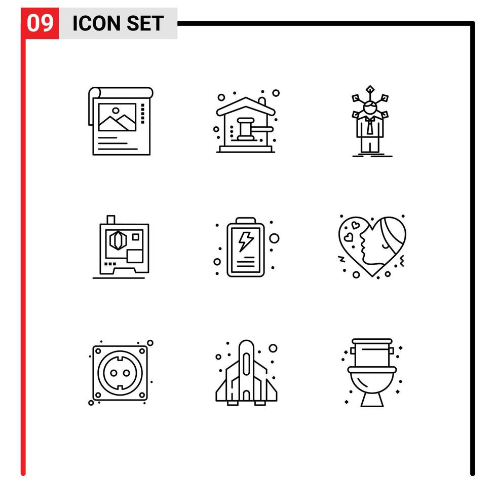 modern reeks van 9 contouren pictogram van accu het drukken huis printer persoonlijkheid bewerkbare vector ontwerp elementen