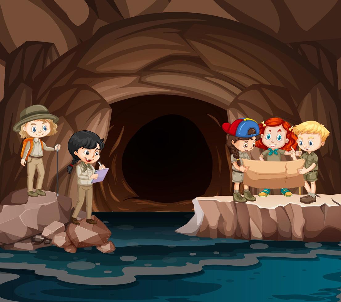scène met een groep verkenners die de grot verkennen vector
