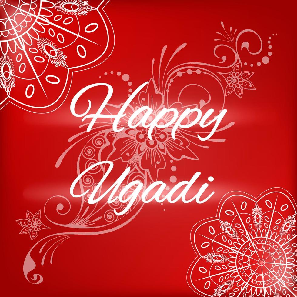 gelukkig ugadi, Hindoe nieuw jaar festival groet. etnisch Indisch wit kolam rangoli stijl mandala's, bloemen paisley ontwerp Aan donkerrood achtergrond voor afdrukken, kaart, poster, web vector