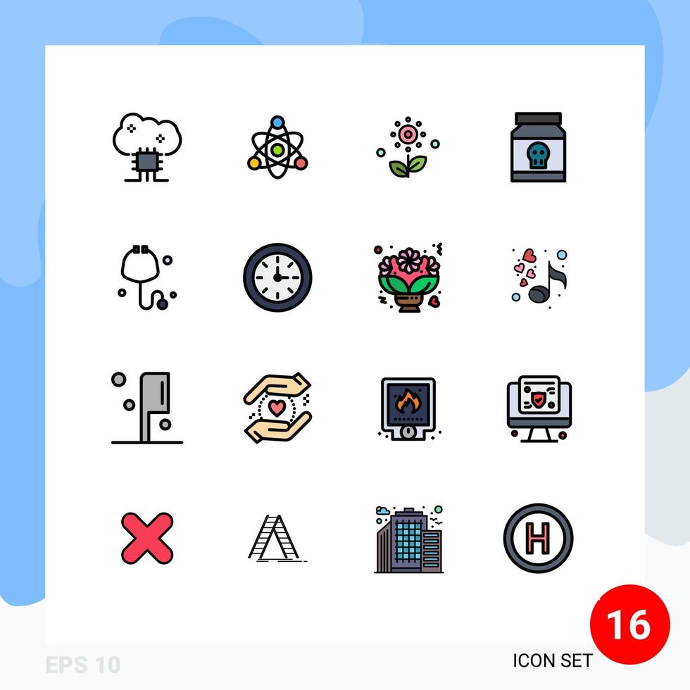 bewerkbare vector lijn pak van 16 gemakkelijk vlak kleur gevulde lijnen van controleren schedel bloem vergiftigen Gevaar bewerkbare creatief vector ontwerp elementen