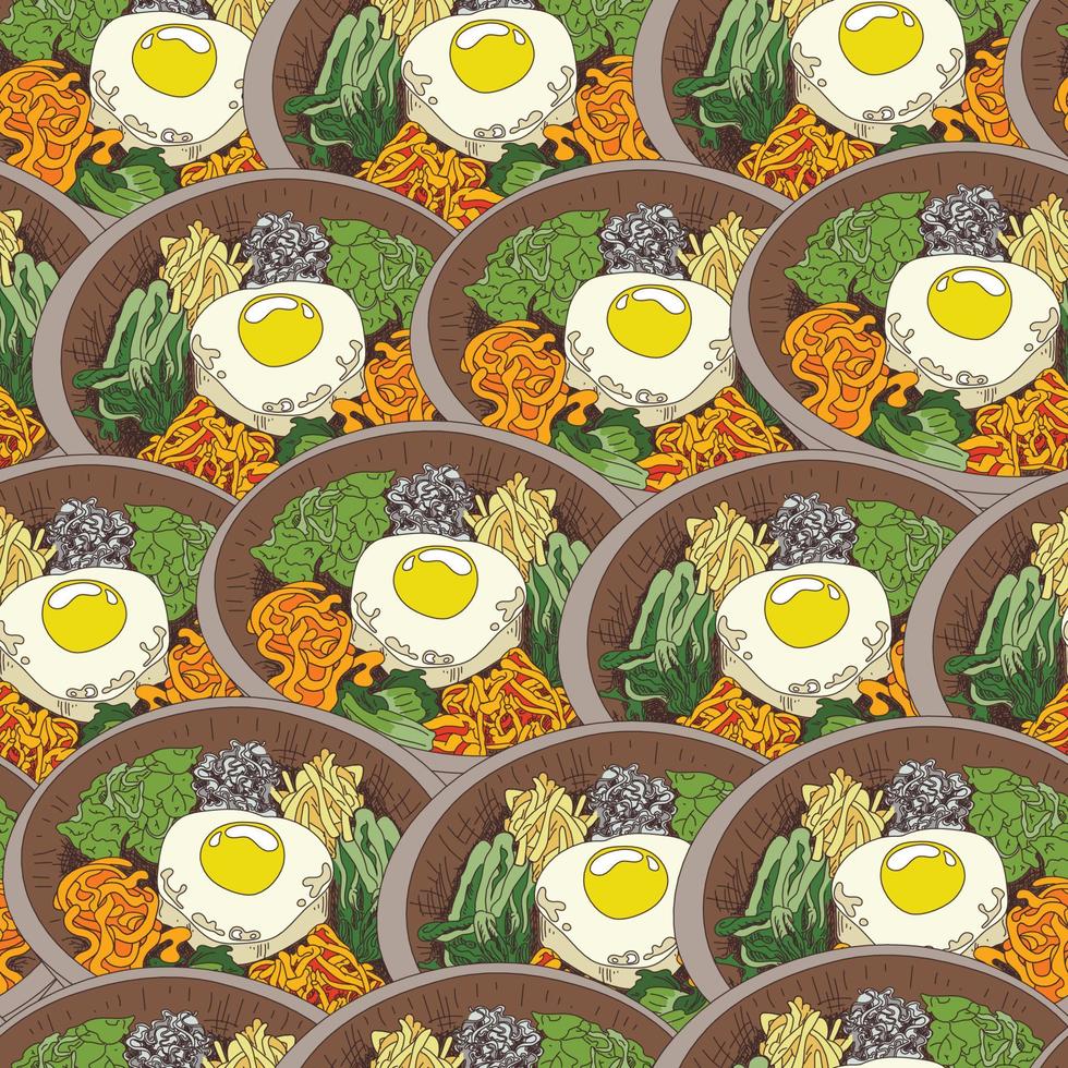 hand- getrokken Koreaans voedsel Bibimbap illustratie. naadloos patroon Bibimbap recept. traditioneel Koreaans schotel Bibimbap met gebakken ei, inktvis, garnaal, komkommer, soja spruiten en zeewier. Aziatisch voedsel achtergrond vector