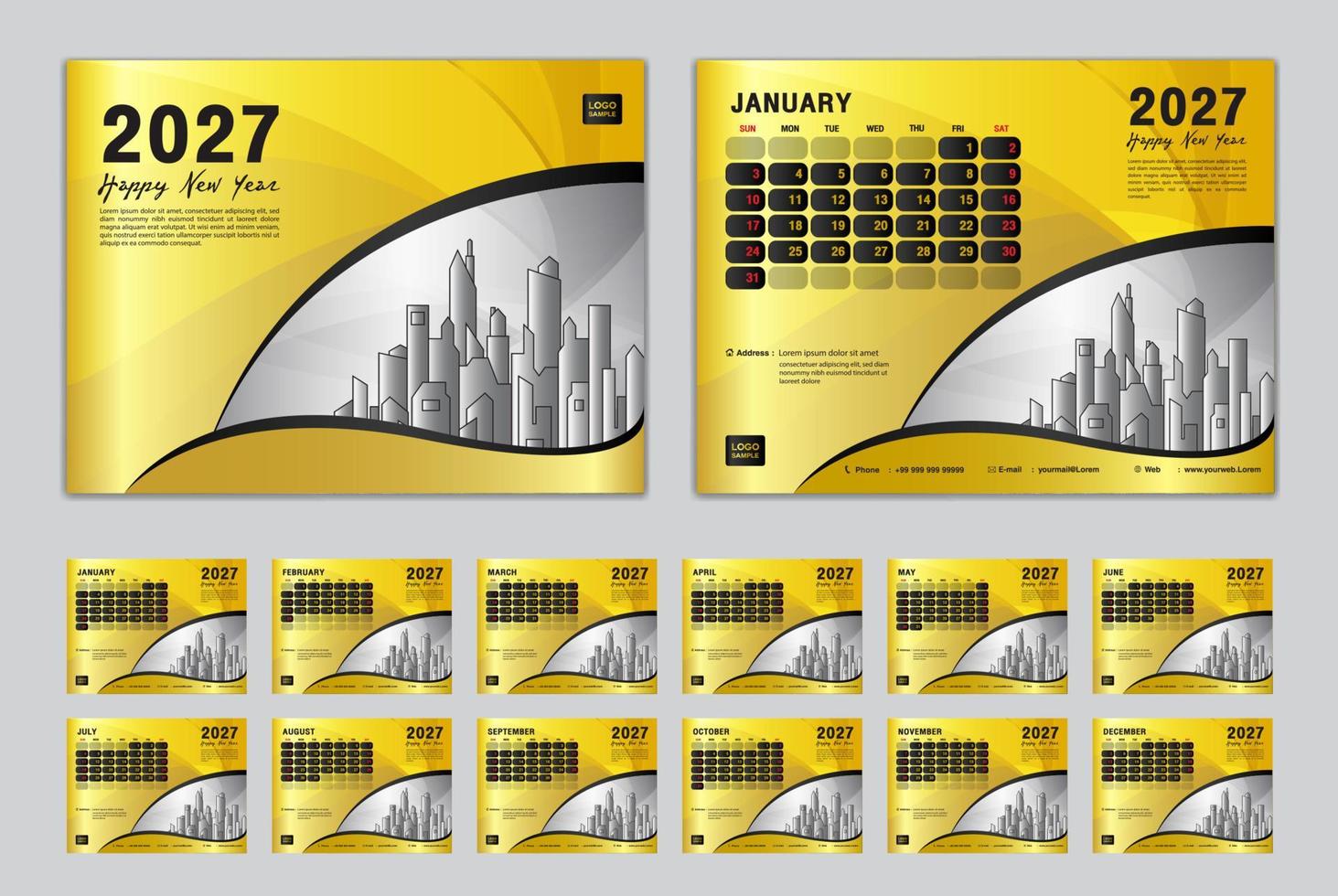 kalender 2027 sjabloon reeks vector, week begint zondag, reeks van 12 maand, bureau kalender 2027 jaar, muur kalender 2027, planner, bedrijf sjabloon, briefpapier, het drukken media, goud creatief achtergrond vector