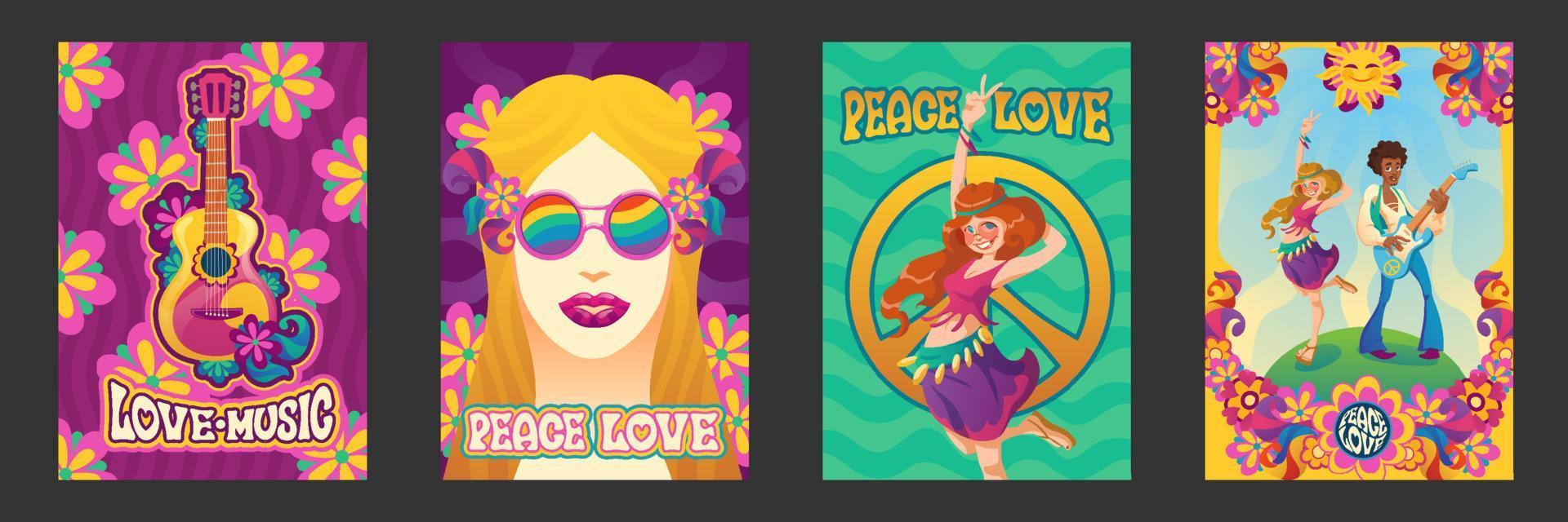 hippie vrede en liefde posters gelukkig glimlachen mensen vector