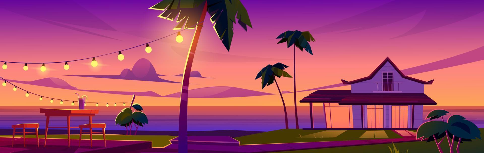 zomer tropisch landschap met bungalow Bij zonsondergang vector