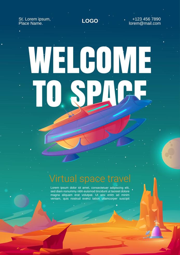 virtueel ruimte reizen folder met ruimtevaartuig vector