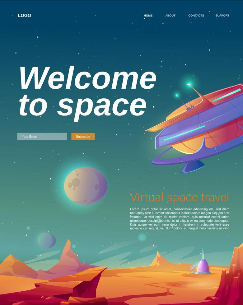 Welkom naar ruimte tekenfilm landen bladzijde met ufo vector