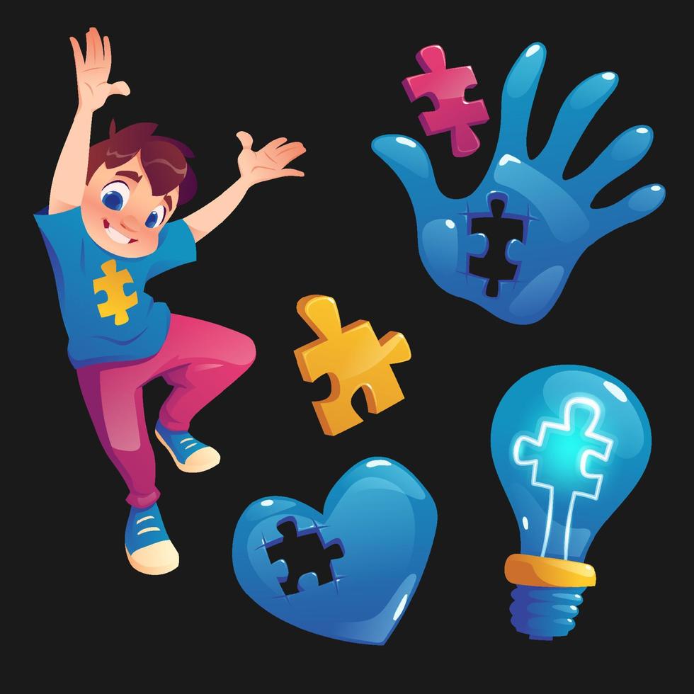 jongen en symbolen met puzzel. concept van autisme vector