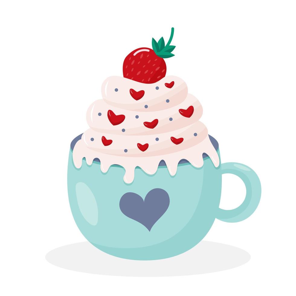 koffie mok met hart ornament, geslagen room met aardbei Aan de top en zoet harten. schattig heet drinken geïsoleerd Aan wit achtergrond. vector