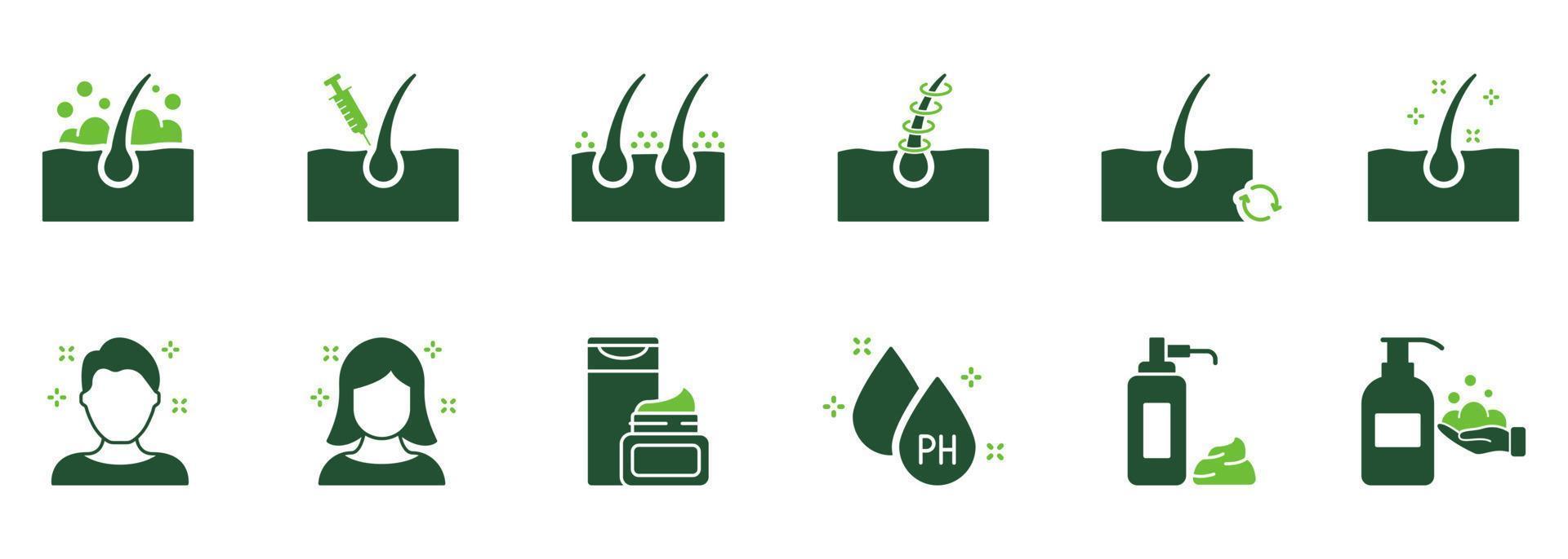 haar- schoonheid zorg silhouet pictogrammen. behandeling en probleem van haar. haar- zorg en verlies probleem. kunstmatig producten voor kapsel kleur pictogrammen. geïsoleerd vector illustratie.