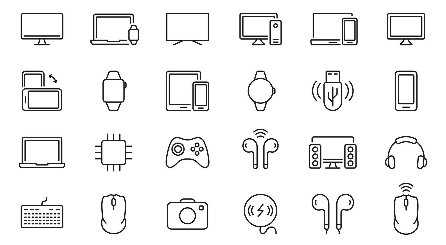 modern elektronisch draadloze uitrusting lijn icoon set. pc, computer, monitor, smartphone, camera, toetsenbord, koptelefoon pictogram. apparaten schets symbool. bewerkbare hartinfarct. geïsoleerd vector illustratie.