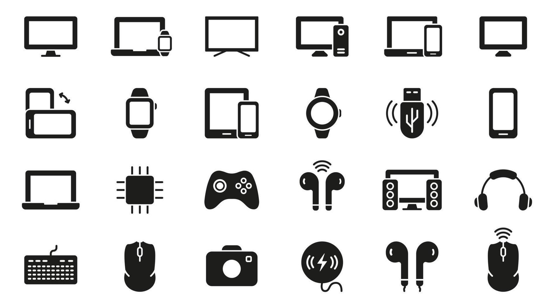 pc, computer, monitor, smartphone, camera, toetsenbord, koptelefoon silhouet icoon set. elektronisch draadloze uitrusting glyph pictogram. portable apparaten symbool. geïsoleerd vector illustratie.