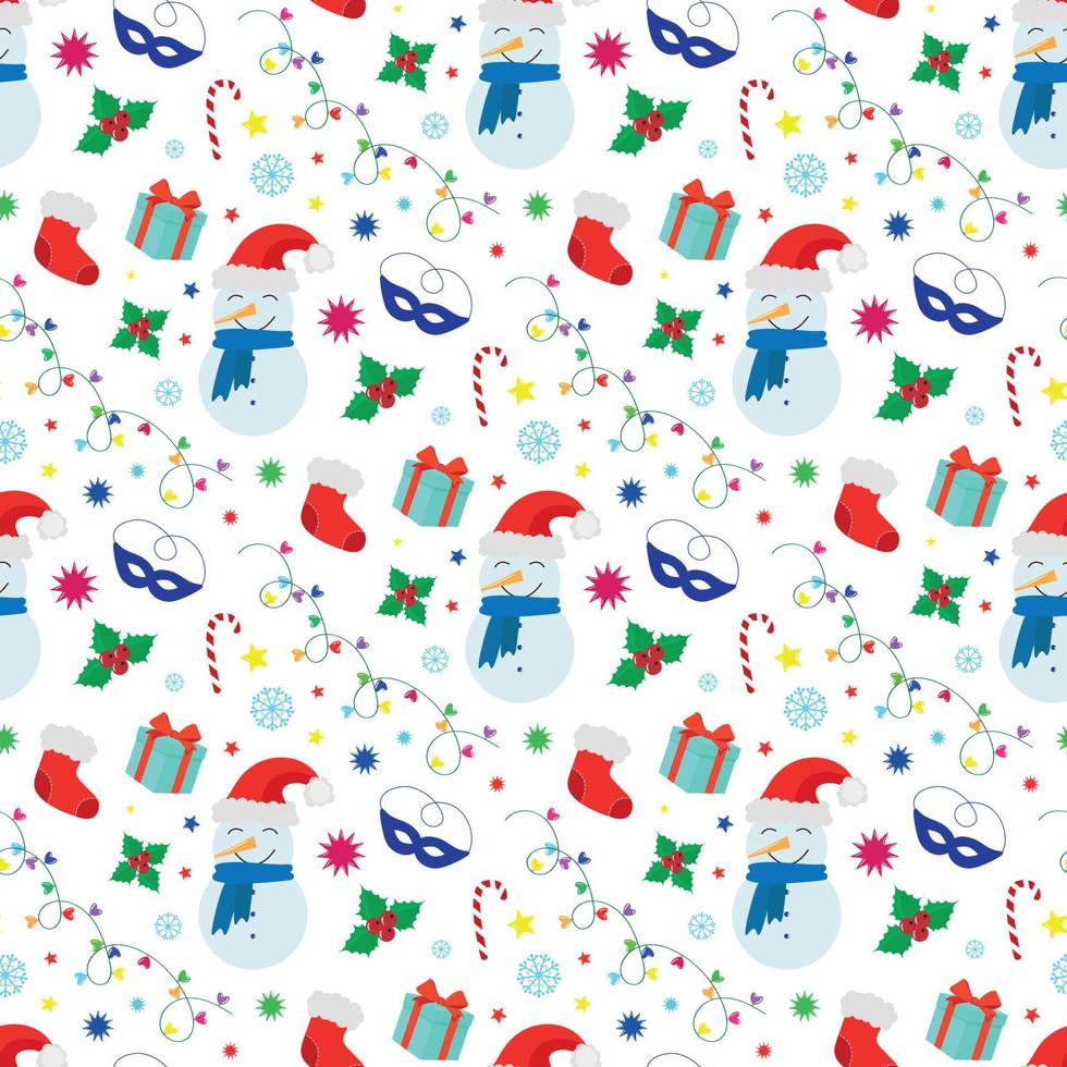 nieuw jaar naadloos patroon, Kerstmis attributen Aan wit achtergrond, vlak vector, sneeuwman, laars, geschenk, maretak, masker, slinger vector