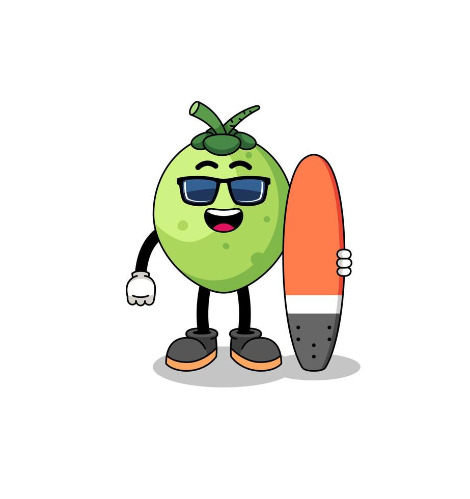 mascotte tekenfilm van kokosnoot net zo een surfer vector