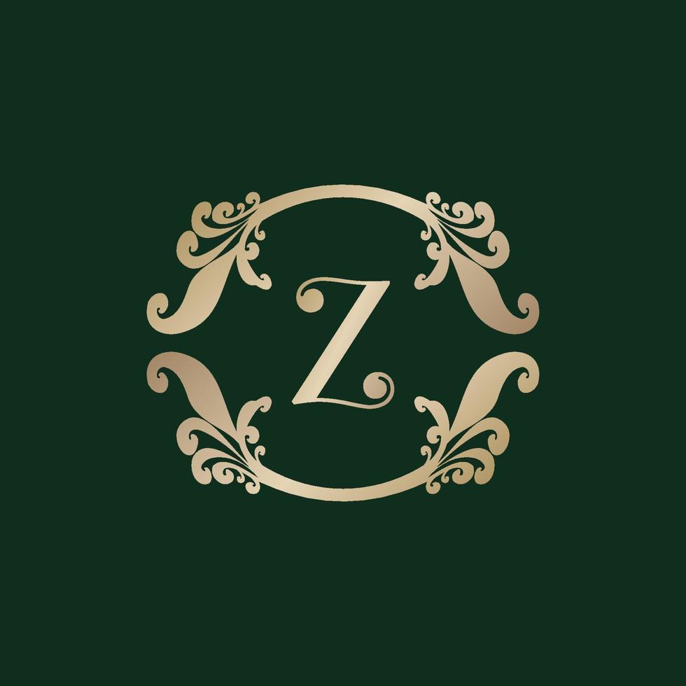 brief z alfabet logo met luxe decoratief gouden kader. elegant krullen bloemen ornament. vector