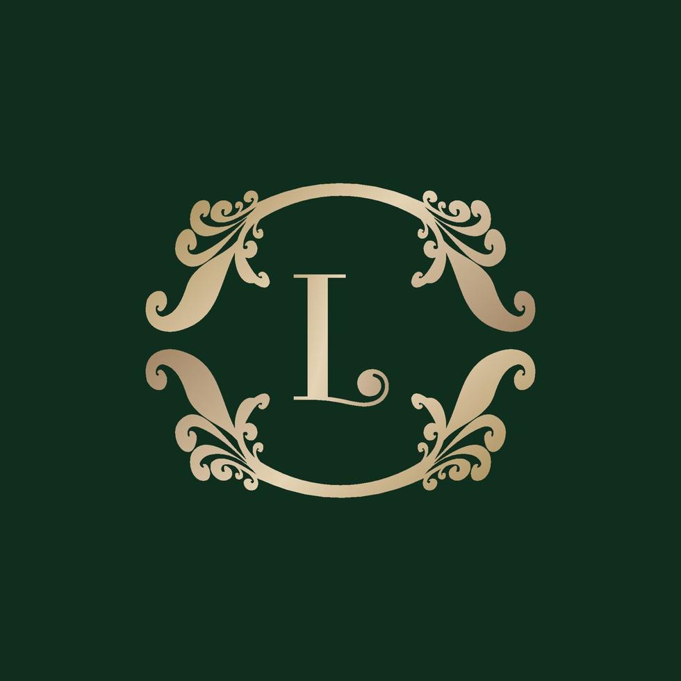 brief l alfabet logo met luxe decoratief gouden kader. elegant krullen bloemen ornament. vector