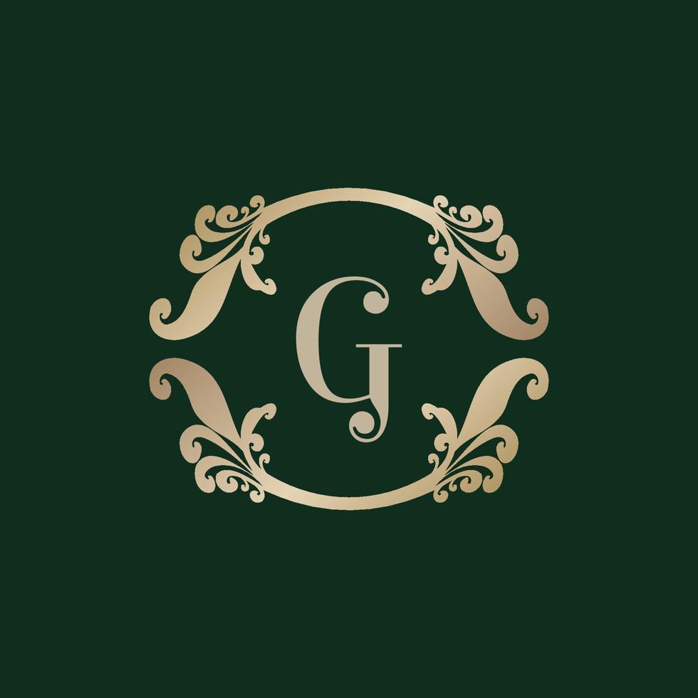 brief g alfabet logo met luxe decoratief gouden kader. elegant krullen bloemen ornament. vector