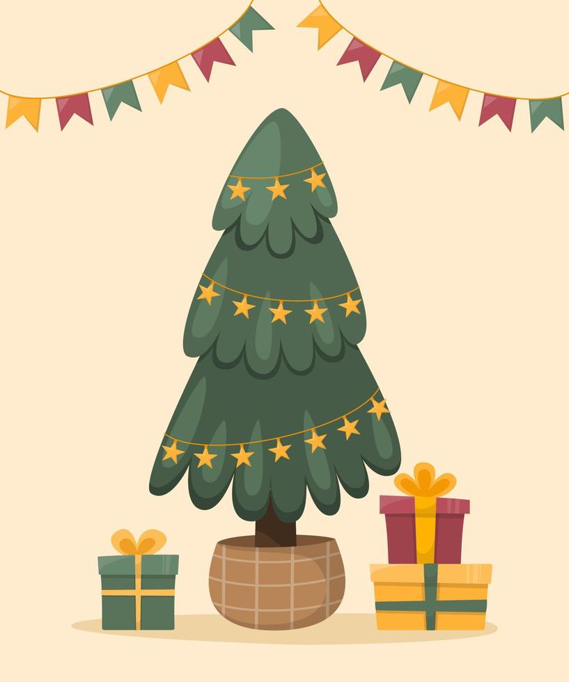 de boom is versierd met ballen, slingers, lampen, een ster, geschenkdozen. kerstboom. Vrolijk Kerstfeest. gelukkig nieuwjaar. vector afbeelding, illustratie