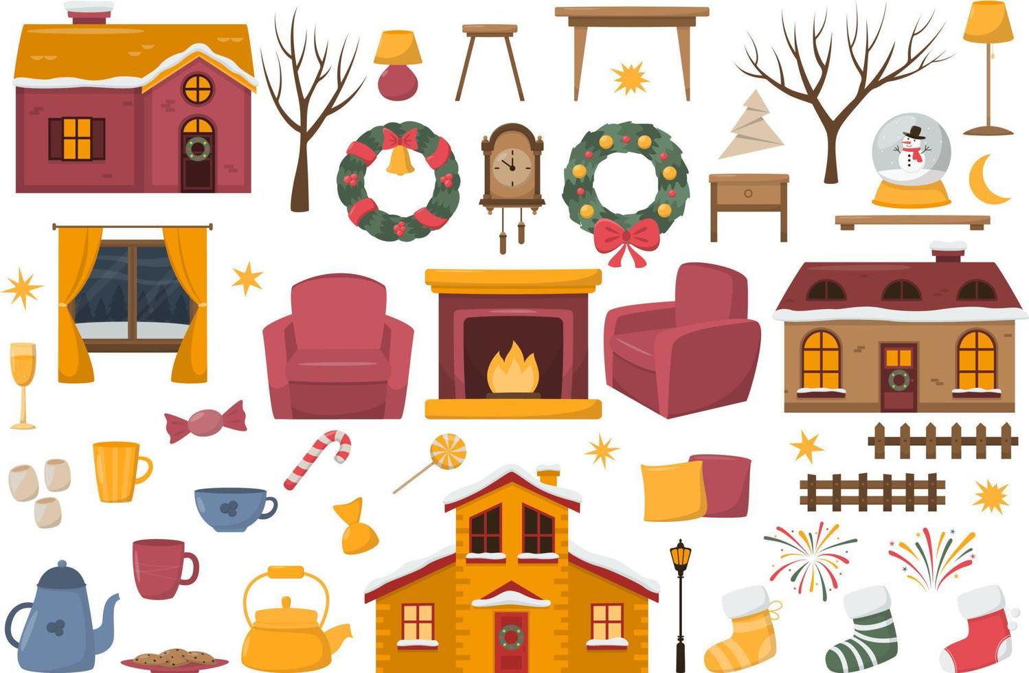 Kerstmis en nieuw jaar decoratief elementen. schattig decor van Kerstmis huizen, meubilair. vector illustratie