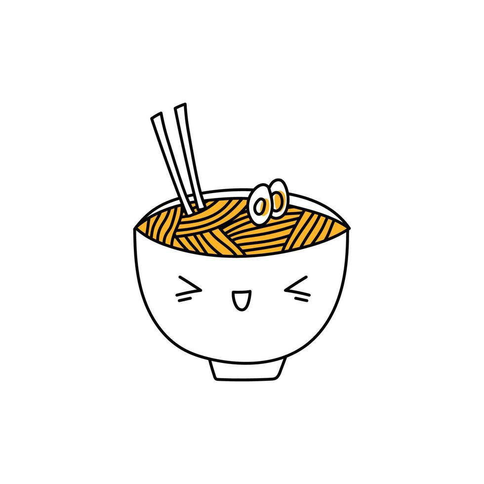 schattig gelukkig ramen schaal. kawaii noedels tekenfilm vector karakter geïsoleerd Aan wit achtergrond. tekening lekker Aziatisch voedsel mascotte illustratie