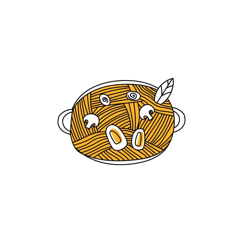 illustratie van Chinese ramen in een pot. noedels met ei, kip, noch ik bladeren in een schaal. tekening Aziatisch voedsel vector