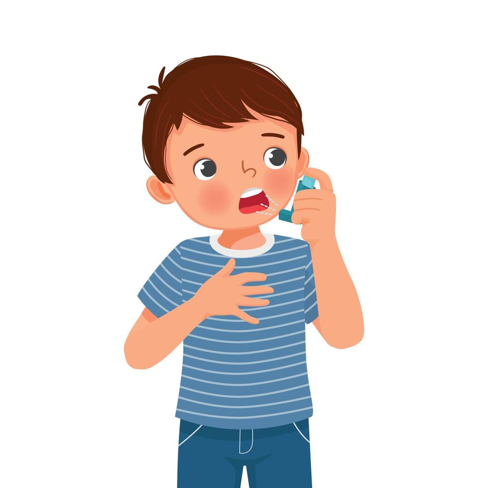 schattig weinig jongen gebruik makend van astma inhalator nasaal verstuiven fles naar traktatie allergie astma aanval en ademen behandeling vector