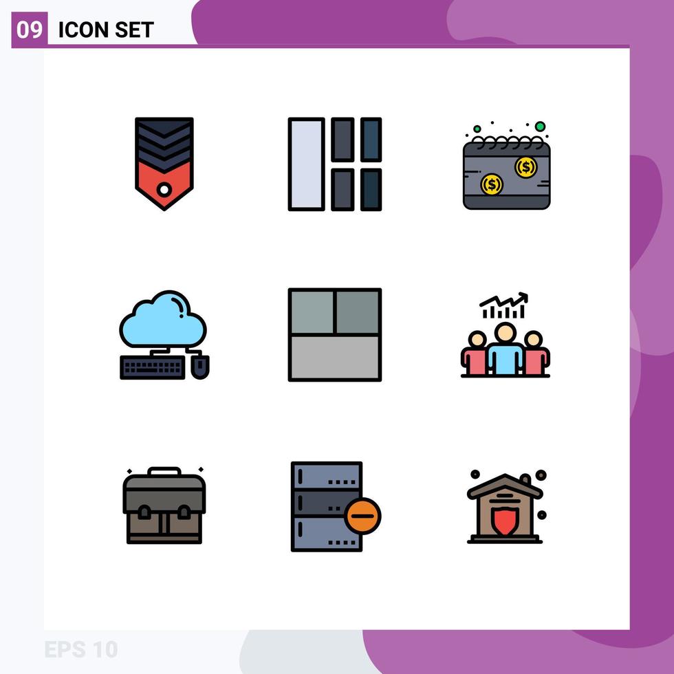 9 universeel gevulde lijn vlak kleuren reeks voor web en mobiel toepassingen wolk toetsenbord lay-out berekenen schema bewerkbare vector ontwerp elementen
