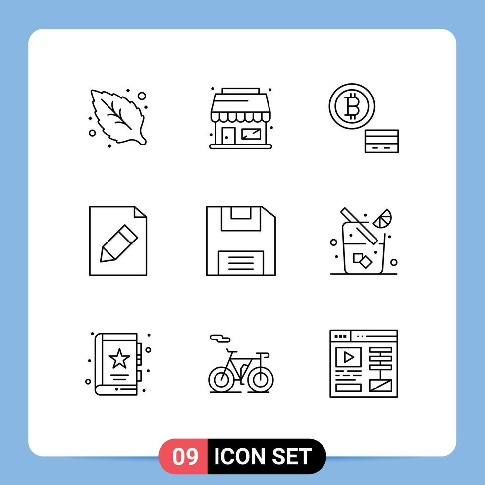 voorraad vector icoon pak van 9 lijn tekens en symbolen voor drinken sap geld opslaan diskette bewerkbare vector ontwerp elementen