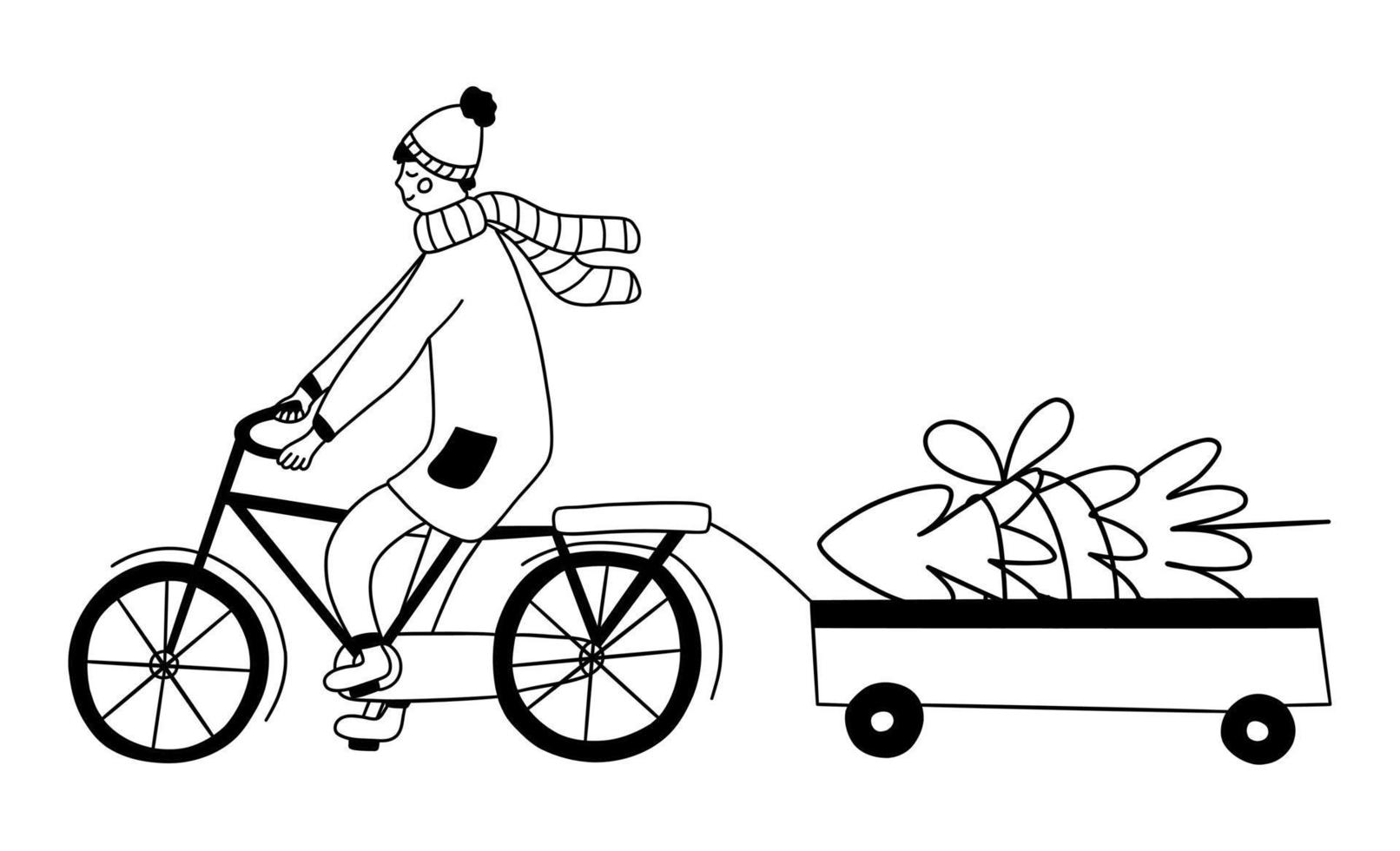 Mens ritten fiets en duwt Kerstmis boom. vector