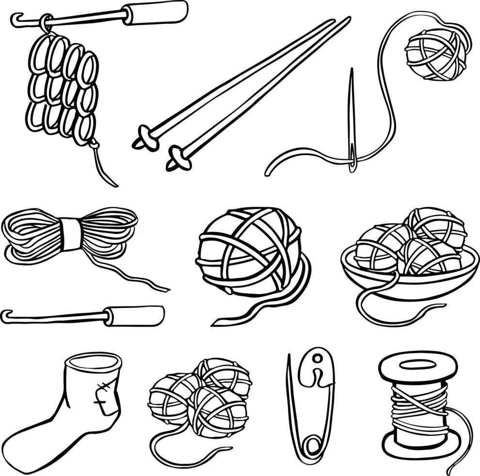 reeks van houten en plastic klossen, spoelen met gekleurde draad geïsoleerd Aan achtergrond. uitrusting voor naaien, maatwerk, medeplichtig voor handwerk en kleding reparatie. vector