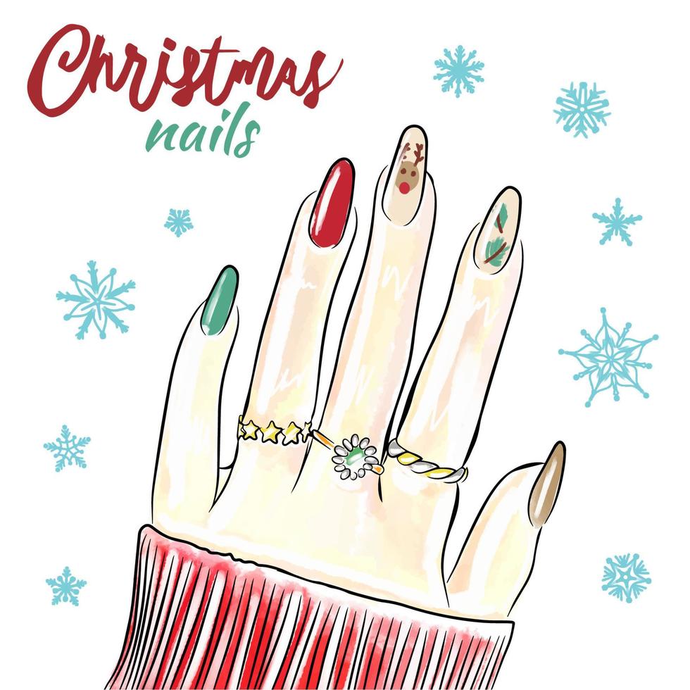 schattig hert nagel ontwerp, hand- getrokken Kerstmis nagels, manicure vector