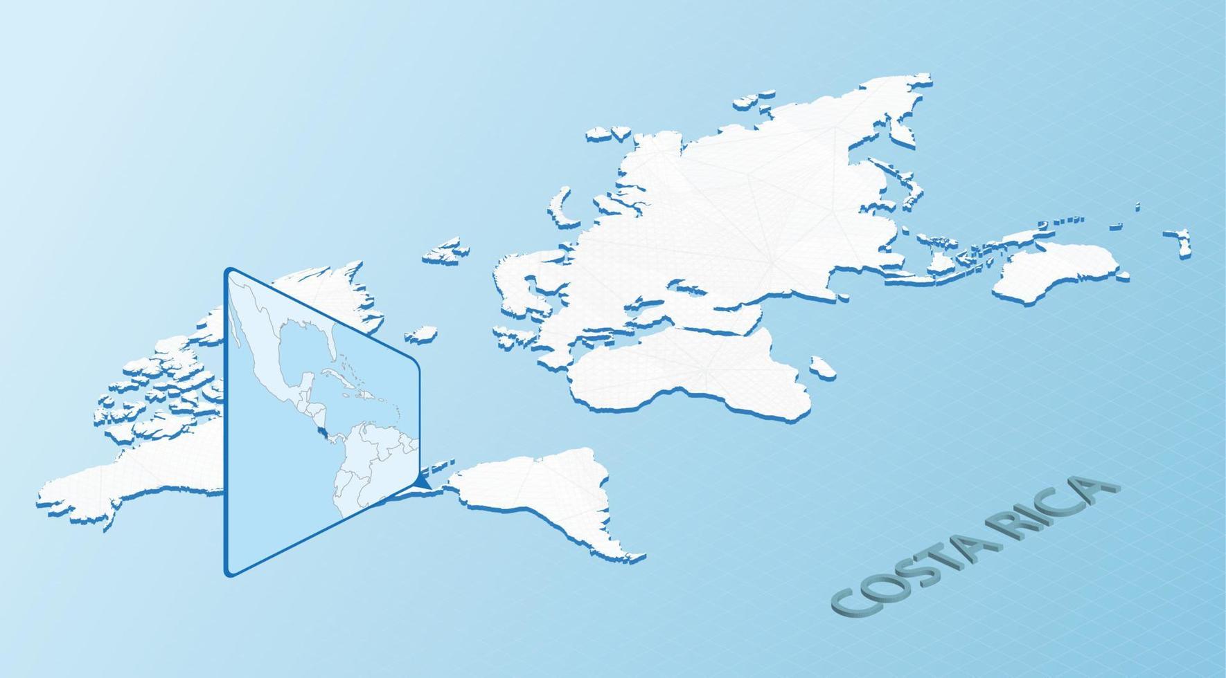wereld kaart in isometrische stijl met gedetailleerd kaart van costa rica. licht blauw costa rica kaart met abstract wereld kaart. vector