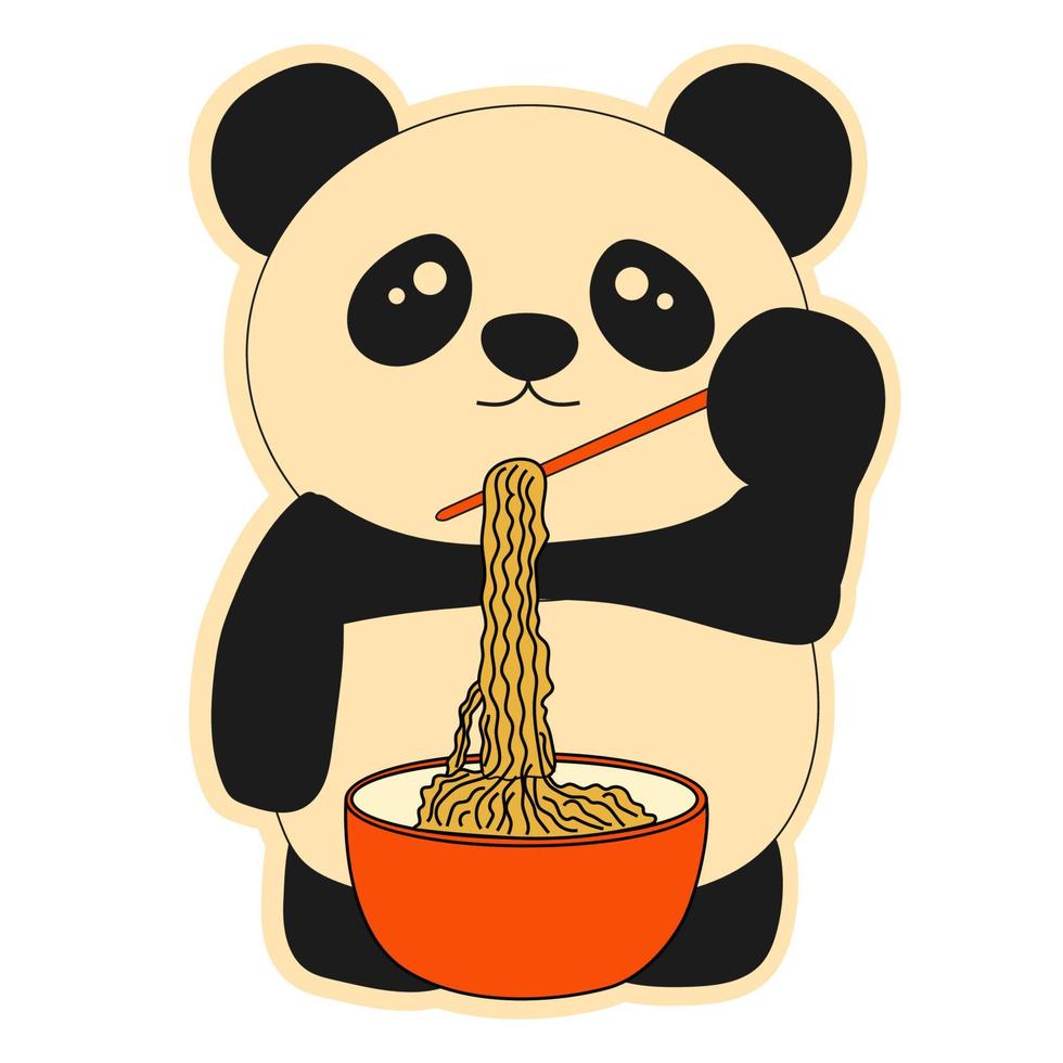 schattig panda aan het eten noedels en toepassingen eetstokjes. ramen. Aziatisch voedsel. vector